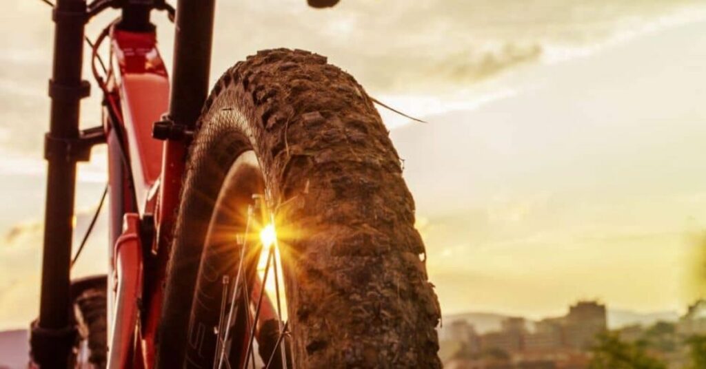 Back shot of mountain bike on sunset rear wheel mountain bike tire tires 27 5 inch mtb bicycle 1 1