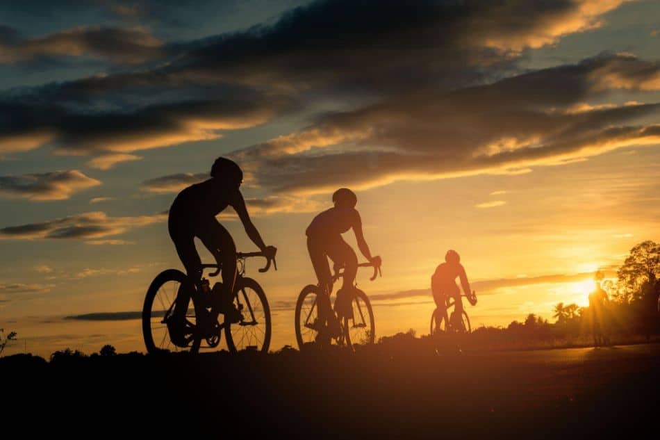 Backside of cyclists ride bicycle on sunset time background