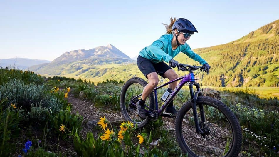 Cyclist Riding Trek Roscoe on Trail with flowers and Mountains in Background