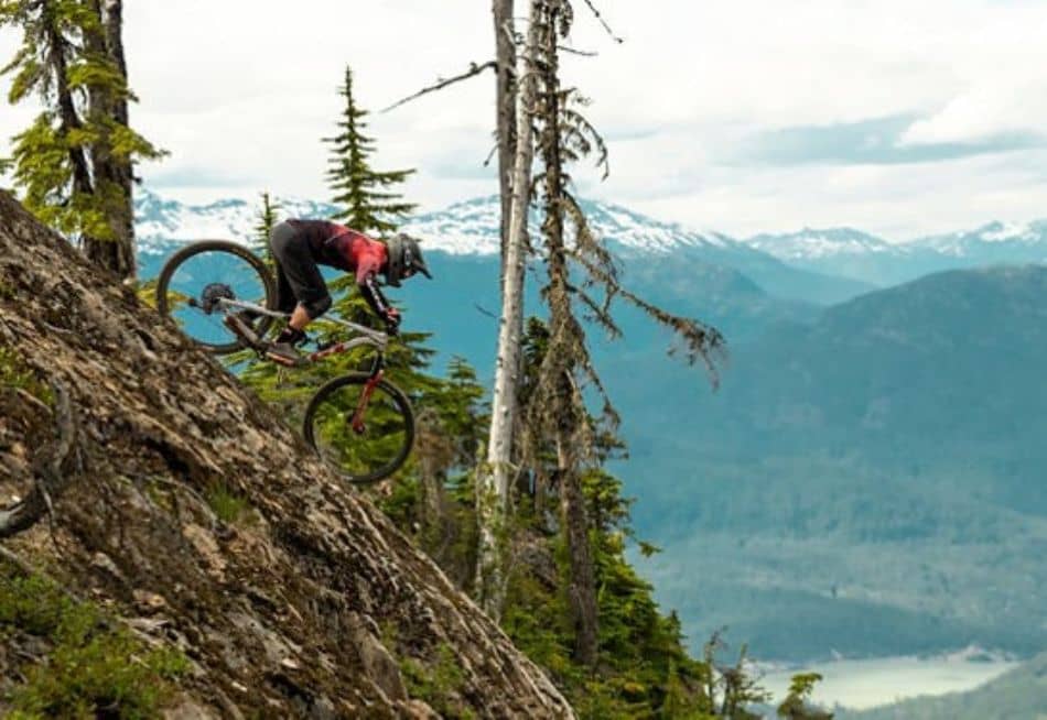 Rider on steep slope in Whistler Bike Park