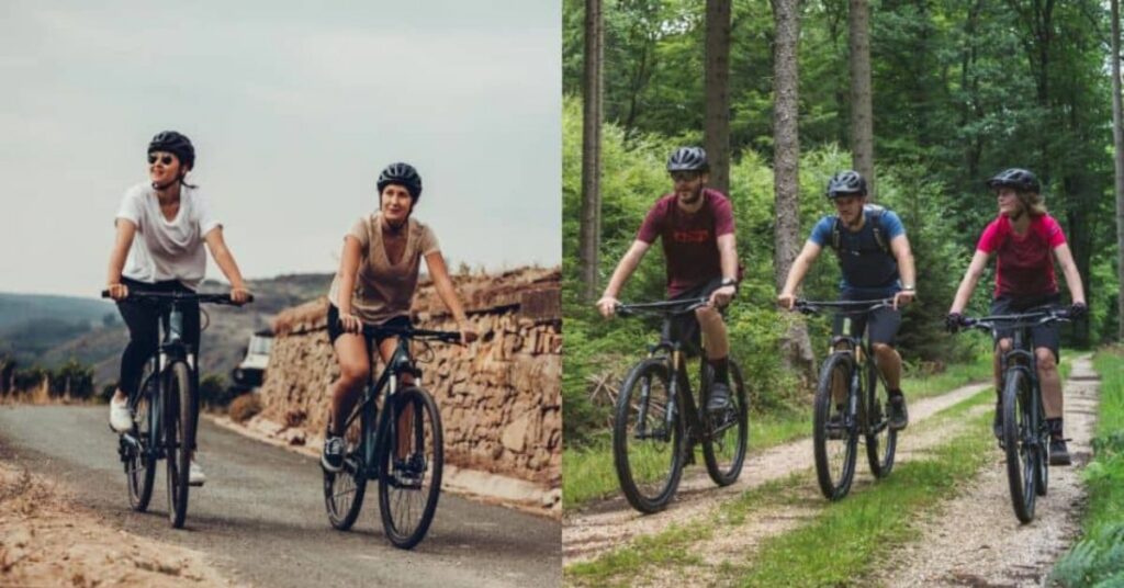 two people riding hybrid bikes on road and three people riding mountain bikes in forest 1