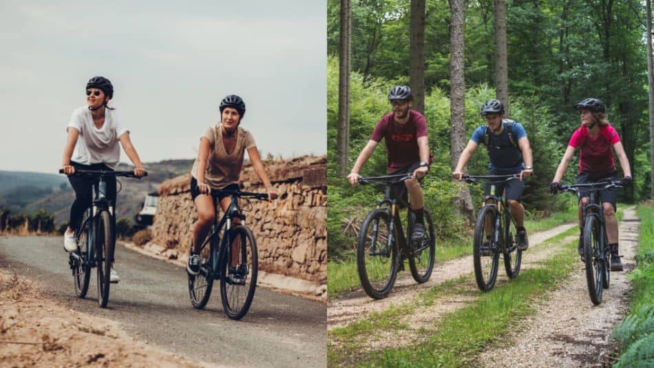 two people riding hybrid bikes on road and three people riding mountain bikes in forest