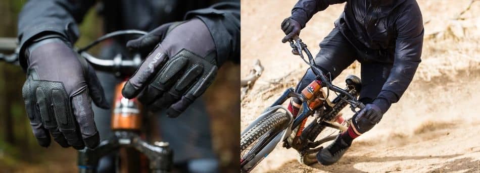 mountain bike gloves on handlebars and man riding mountain bike on trail2